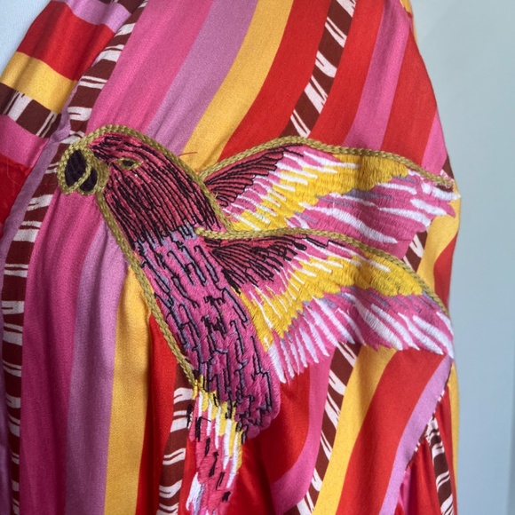Farm Rio Lucy Parrot Stripe Tie Waist Embroidered Birds Cover Up Kimono Jacket - Picture 7 of 16